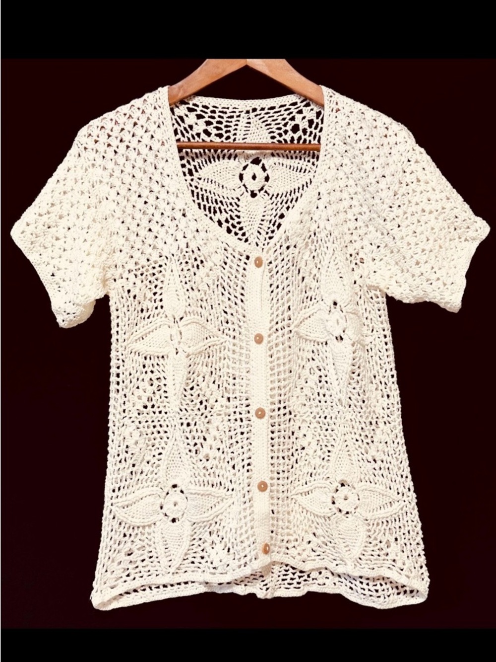 Handmade Crochet Cardigan Cream Floral Open Knit Button Front S